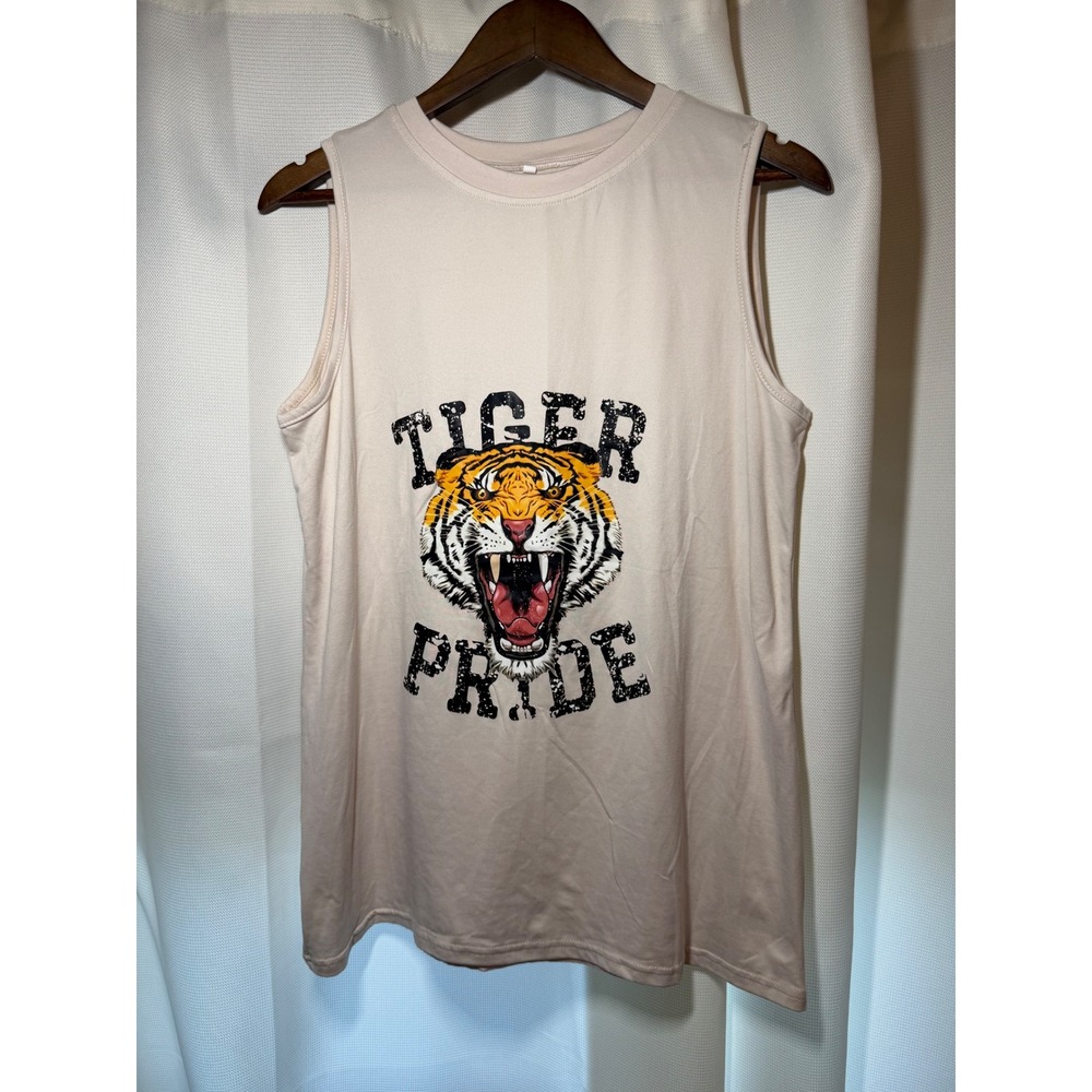 Tiger Pride Graphic Muscle Tank Top Cream Sleeveless Roaring Tiger Tee Large
